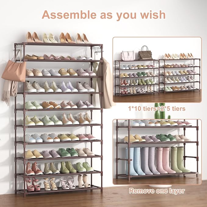 10 Tiers Shoe Rack 50 Pairs Large Capacity Tall Shoe Organizer Sturdy Shoe Storage with Two Hooks Space Saving Metal Wide Shoe Rack for Closet, Entryway, Bedroom, Brown-NeatNest
