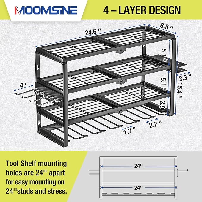 4 Layer Power Tool Organizer Wall Mount, Battery Tools Holder with Charging Station Shelf, Cordless Drill Hanger Storage Rack for Garage Organization, Workshop, Pegboard - 24 Inch 6 Slots