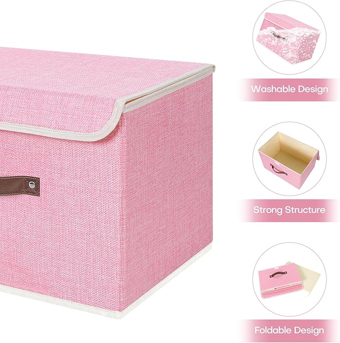 ANMINY 4PCS Storage Bins with Lid PU Leather Handles Storage Boxes PP Plastic Board Decorative Foldable Lidded Cotton Linen Fabric Home Cubes Baskets Closet Organizer Containers - Pink, Large Size-NeatNest