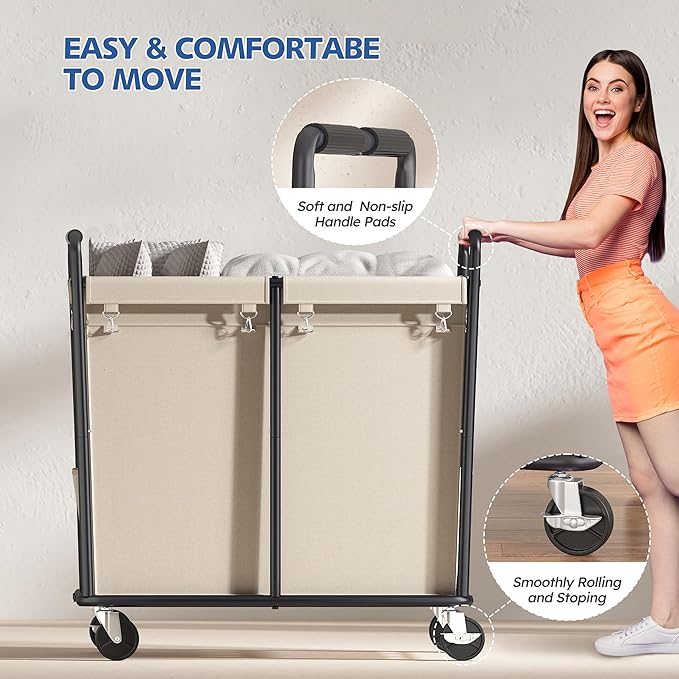 Laundry Basket with Wheels Large Rolling Hamper 300L Heavy Duty Laundry Cart with Handle Durable Clothes Hamper with Steel Frame for Laundry Bedroom, Cream White