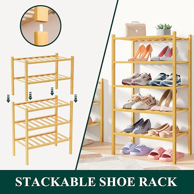 Smiry Bamboo Shoe Rack for Closet, 2 Tier Small Wooden Stackable Shoe Organizer, Free Standing Shoes Storage Shelf for Entryway, Front Door Entrance, Natural-NeatNest