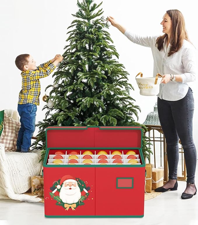 Christmas Ornament Storage Box Red Christmas Decoration Storage Containers 600D Oxford fabric Ornament Organizer Storage Box Fit 96 3 inch Holiday Ornaments Christmas Decor Storage Container-NeatNest
