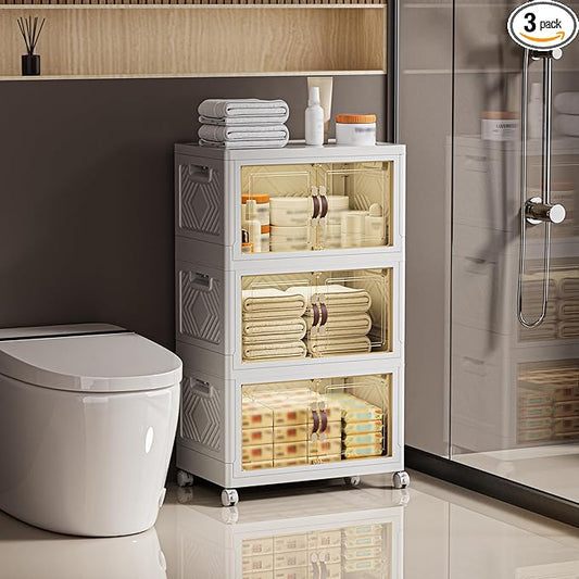 200 QT / 50 Gal White Storage Bins with 1 Lid - Collapsible Stackable Cabinet Organizer w/Wheels & Magnetic Doors, Plastic Storage Box for Office Closet Organization-NeatNest