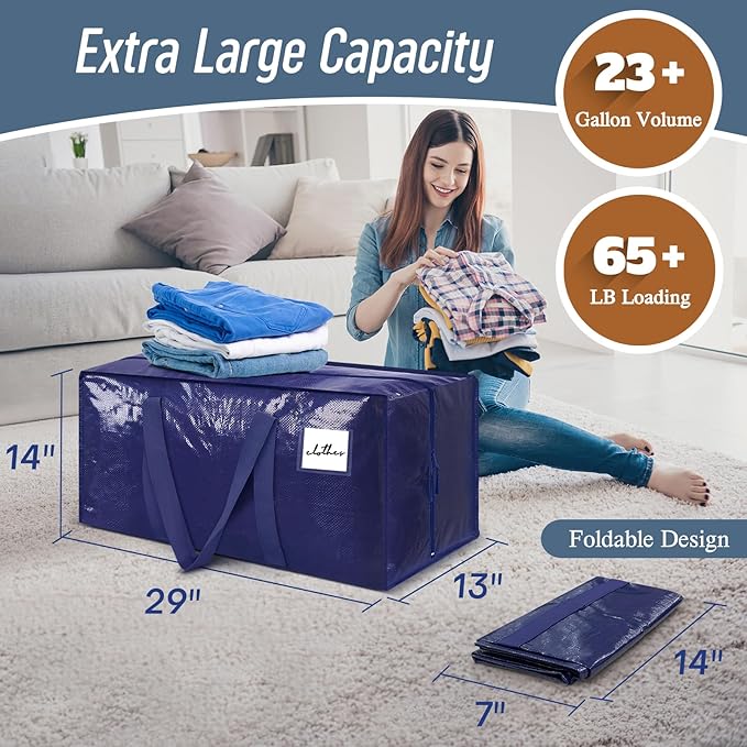 12 Pack Extra Heavy Duty Large Moving Bags with Strong Zipper & Comfortable Handles, Sturdy & Durable Clothes Storage Bags Totes Bins, Packing Moving Boxes for College Supplies, Dark Blue-NeatNest