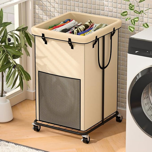 150L Large Laundry Hampers, Oxford Fabric Laundry Hampers Clothes Hampers, Metal Frame and Removable Bag Design with Wheels, Suitable for Bedroom, Bathroom, Dorm Room, Laundry Room (Cream)