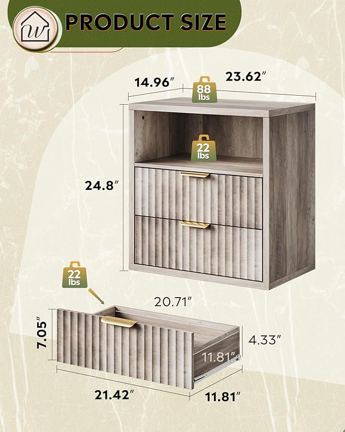 WLIVE Fluted Farmhouse Nightstand Set of 2, Narrow Night Stand Sets with 2 Storage Drawers and Open Shelf, Wood Bed Side Tables for Bedroom, Dorm, Greige