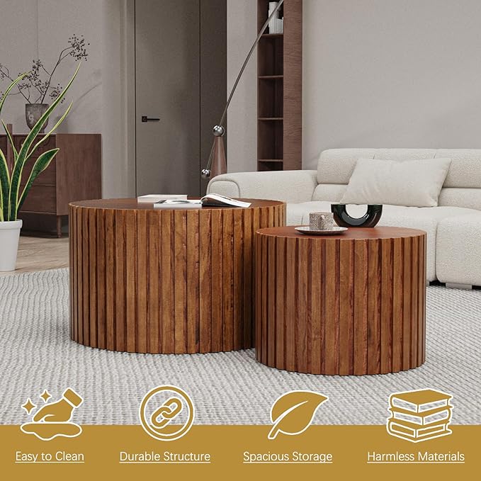 Round Coffee Table Set of 2 Modern Nesting Coffee Tables Wooden Drum Coffee Tables with Non-Slip Feet, Circle Nesting Tables End Table for Living Room Office, No Assembly (Brown 18.9"+14.96")