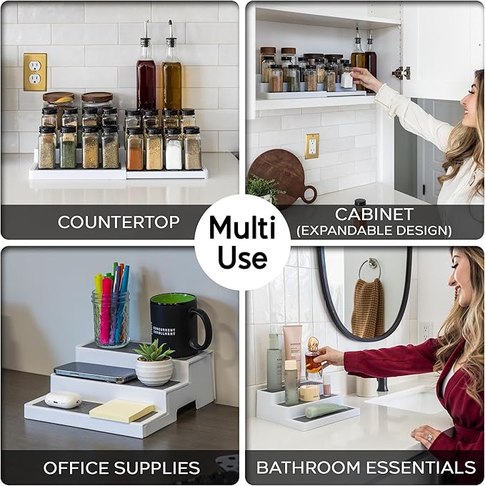 Expandable 3 Tiered Spice Rack Organizer for Cabinet and Kitchen Pantry Shelf - Set of 2 Non-Slip Shelves for Spices, Seasoning, Canned Food, Medicine - Includes Silicone Funnels for Easy Refilling-NeatNest