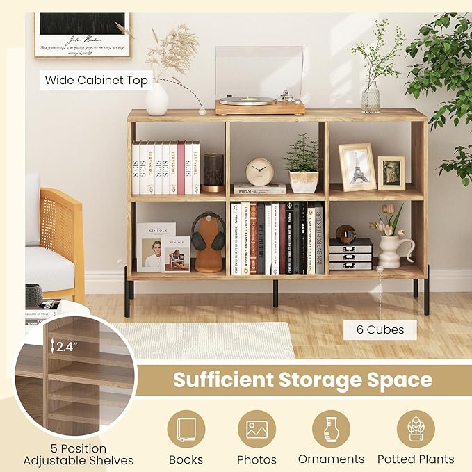 6 Cube Bookcase, Wood Storage Organizer with 5 Metal Legs, Bookshelf with Storage, Cubical Storage Shelf, Wooden Book Shelf, Display Shelves for Bedroom, Living Room, Entryway (Natural)
