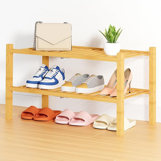 Smiry Shoe Rack, 2 Tier Thick Bamboo Shoe Organizer, Stackable Free Standing Wooden Shoe Storage Shelf for Closet, Entryway, Front Door Entrance, Natural-NeatNest