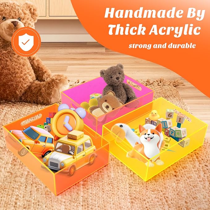 Acrylic Storage Bin Pantry Storage Container with Handles Kitchen Organizer Bin for Cabinet Cupboard Organization, Heavy Duty, 12.6 x 9.4 x 4'', Neon Orange