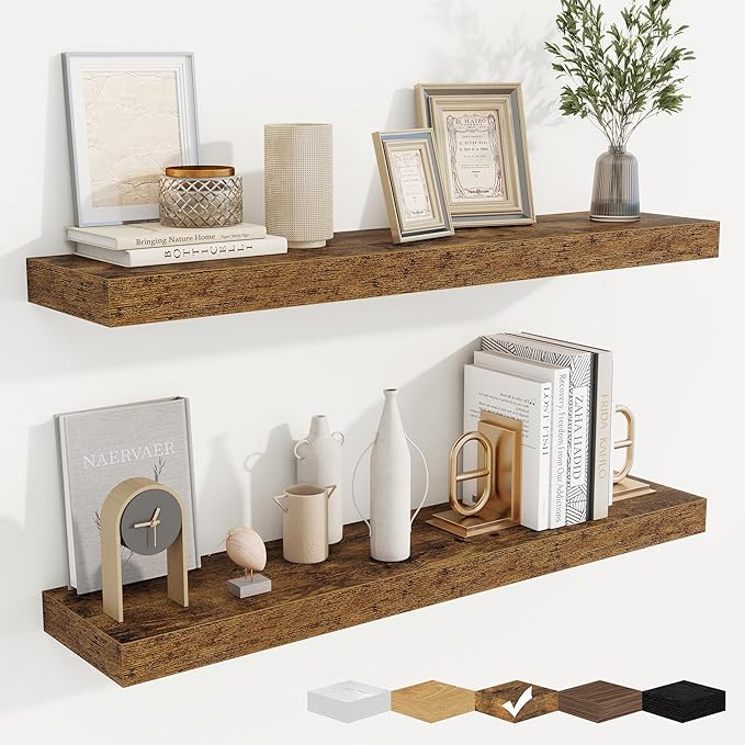 fuqing Floating Shelves for Wall, Bathroom Shelf Wall Mounted for Storage, Shelves with Invisible Bracket for Bedroom, Kitchen, Living Room, Farmhouse Small Book Shelf, 36 Inch Set of 2, Rustic Brown-NeatNest