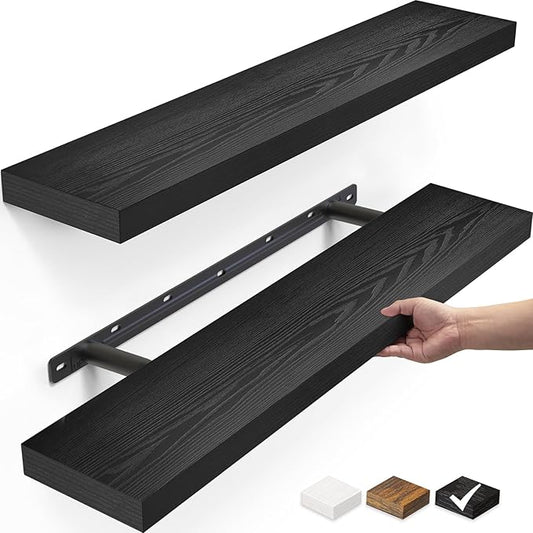 BAYKA Floating Shelves for Wall, 22.5" Wall Mounted Rustic Wood Shelves for Bathroom, Bedroom, Living Room, Kitchen, Office, Hanging Shelf for Books/Storage/Room Decor Capacity (Black, Set of 2)-NeatNest