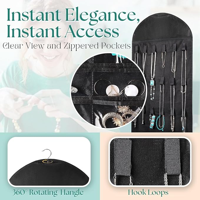 Flexzion Hanging Jewelry Organizer – (1 Pack) Black 32 Clear Pockets & 18 Hooks & Loops, Non-Woven Bag Dual Side Earring Storage Display Holder with for Necklace Bracelet Sunglasses-NeatNest