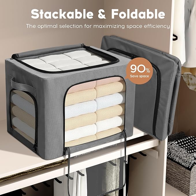 3-Pack Clothes Storage Bins with Metal Frame, Foldable 40L Linen Storage Boxes with Lids, Organizer with Clear Windows, Zippers & Durable Handles (Gray)-NeatNest