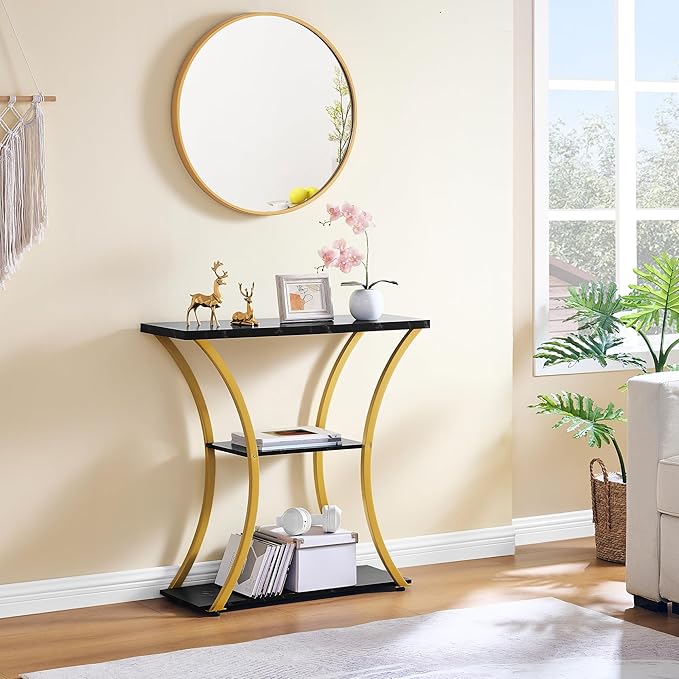 Hoctieon 3 Tier Console Table with Open Wood Shelves, Decorative Entryway Table with Curved Metal Frames, Narrow Sofa Table for Entrance, Living Room, Hallway, Gold and Black Marbled-NeatNest