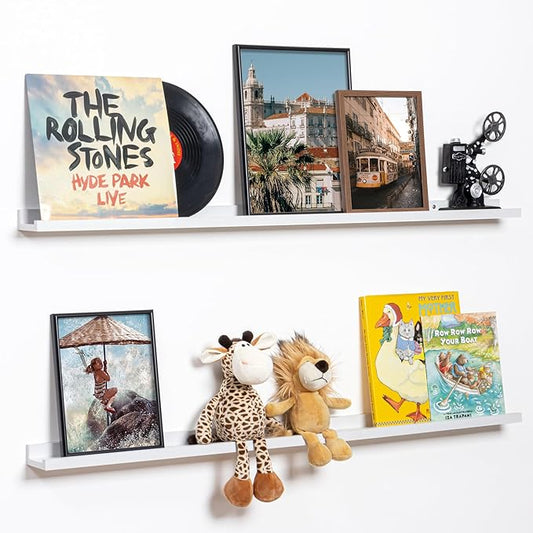 Fun Memories Picture Ledge Shelf, 48 Inch Floating Shelves Set of 2, Large Nursery Book Shelves for Toys Storage, Kids Bookshelf Wall Mounted for Wall Decor Books Photo Frames, White-NeatNest