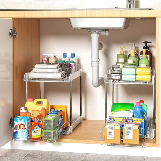 JLKDQ 4 Pack Bathroom Under Sink Organizers and Storage, 2-Tier Pull Out Cabinet Organizer and Medicine Storage Shelf,Fit Cabinets, Kitchens,Food Pantry. (White&Clear,10.63" L x 8.0" W x 8.46" H).-NeatNest