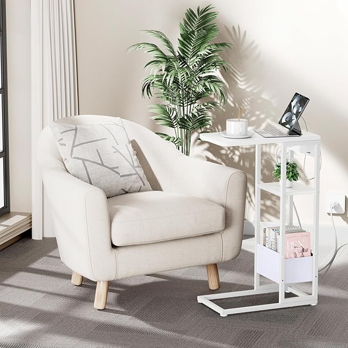 C Shaped End Table with Charging Station, Small Side Table for Couch Recliner, Slide Under Sofa Desk Snack Tables with Storage Bag & AC / USB Outlet, Small Spaces Drink Tables for Living Room, Bedroom