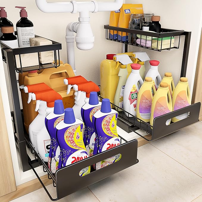 VUSIGN Under Sink Organizer, 2 Tier Pull Out Bathroom Cabinet Organizer, Under Kitchen Sink Organizers and Storage, Under Sink Shelf,2 Pack, Black-NeatNest