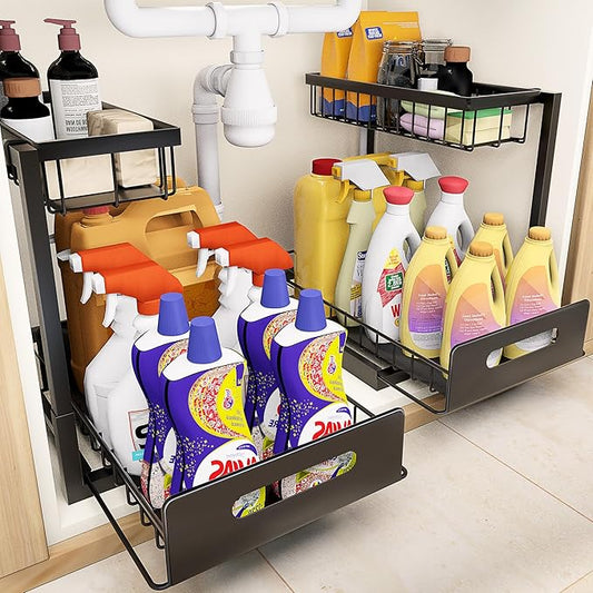 VUSIGN Under Sink Organizer, 2 Tier Pull Out Bathroom Cabinet Organizer, Under Kitchen Sink Organizers and Storage, Under Sink Shelf,2 Pack, Black-NeatNest
