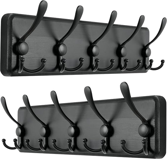 Dseap Coat Rack Wall Mounted - 5 Tri Hooks, Heavy Duty, Wooden Wall Coat Hanger Coat Hook for Clothes Hat Jacket Clothing, Black, Pack of 2