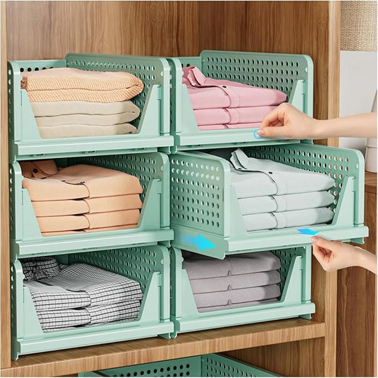 SNSLXH 5 Pack Stackable Closet Organizer Box, Multifunctional & Foldable Closet Storage Basket for Bathroom Kitchen Laundry Room Wardrobe Storage, Space-Saving Clothes Storage Drawer Organizer, Green-NeatNest
