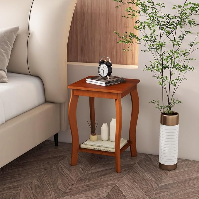 GOFLAME 2-Tier Square End Table Set of 2, Mid-Century Modern Sofa Side Table with Storage Shelf, Solid Wood Legs, Compact Accent Table, Nightstand for Living Room, Bedroom, Small Space, Walnut