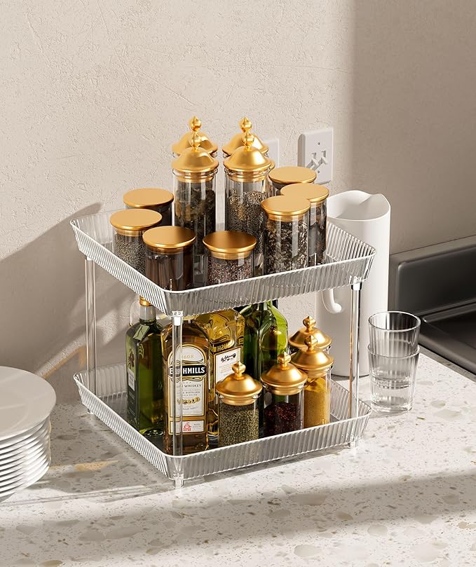 2 Tier Lazy Susan Bathroom Countertop Organizer, 360° Clear Rotating Square Storage Tray, Cosmetics and Perfume Organizer, Spinning Storage Tray Vanity Organizer Shelf for Bathroom Cabinet, Kitchen-NeatNest