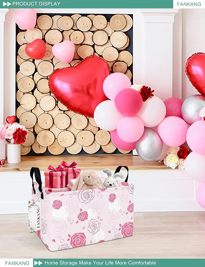 FANKANG Storage Bins, Nursery Hamper Canvas Laundry Basket Foldable with Waterproof PE Coating Large Storage Baskets for Kids Boys and Girls, Office, Bedroom, Clothes,Toys(Rec-Pink roses ）