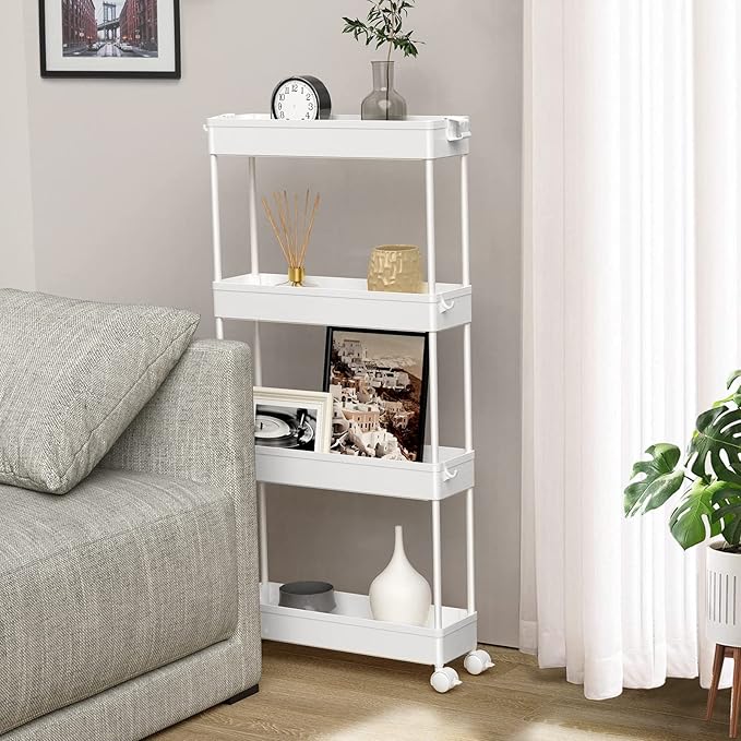 SPACELEAD Slim Storage Cart 4 Tier,Bathroom Organizer Rolling Utility, Mobile Shelving Unit Slide Out for Office, Kitchen, Laundry Room & Narrow Places,White-NeatNest
