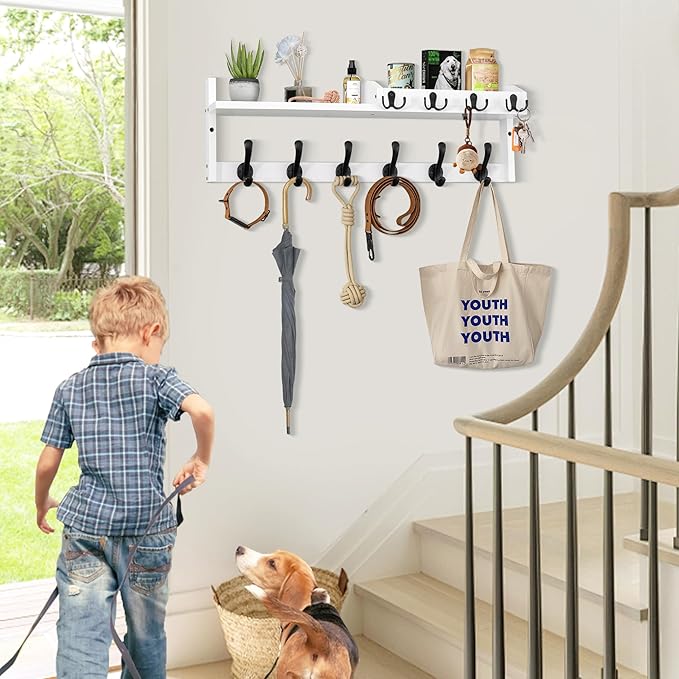 Coat Rack Wall Mount with Shelf, 27.5" Entryway Wall Hanging Shelf, Coat and Key Hanger with 10 Dual Hooks, Mail Organizer and Key Holder Hat Rack for Wall, Wood Coat Hooks with Storage-NeatNest