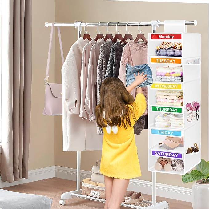 6-Shelf Weekly Closet Hanging Organizer for Kids, 6-Grid Days of the Week Baby Kids Clothing Organizer Monday through Saturday, Foldable Oxford Cloth Closet Clothes Weekday Storage (White)-NeatNest