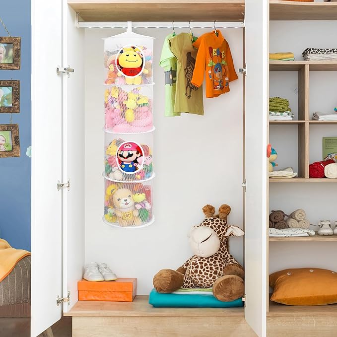 coastal rose 2Pcs Stuffed Animal Storage Foldable Stuffed Animal Net or Hammock Organizer, 4 Compartments Hanging Mesh Toy Storage Hammock for Kid Room Toys, Gloves, Hats, Socks(White)-NeatNest