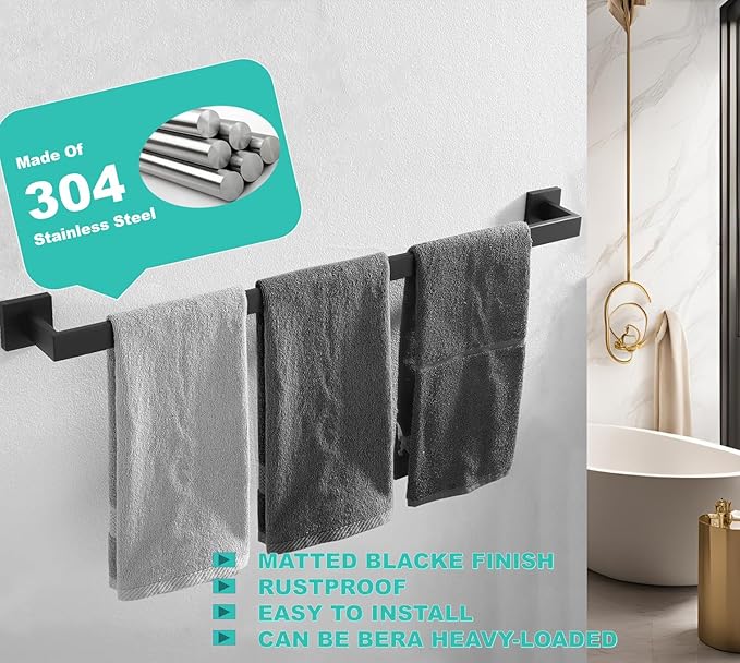 36 Inch Towel Bar for Bathroom 12/16/24/28/32/36 Inch Kitchen Towel Holder Matte Black Towel Rod Wall Mounted SUS304 Rustproof Towel Rack Modern Square Design (1, Matte Black, 36 Inch)