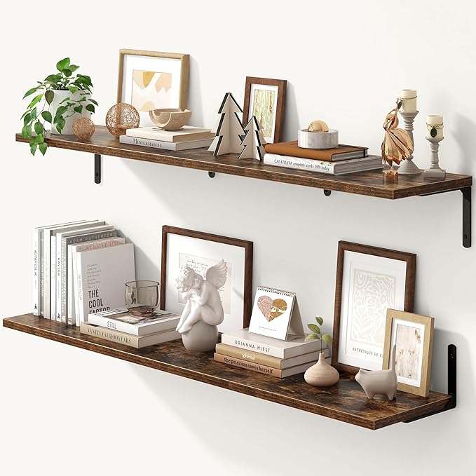 Fun Memories Deep Floating Shelves, 48W x 8D Floating Shelves Set of 2, Wall Mounted Shelf with Metal Brackets, Rustic Wood Wall Shelf for Bathroom, Kitchen and Living Room, Rustic Brown-NeatNest