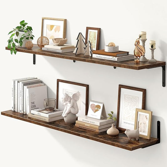 Fun Memories Deep Floating Shelves, 48W x 8D Floating Shelves Set of 2, Wall Mounted Shelf with Metal Brackets, Rustic Wood Wall Shelf for Bathroom, Kitchen and Living Room, Rustic Brown-NeatNest