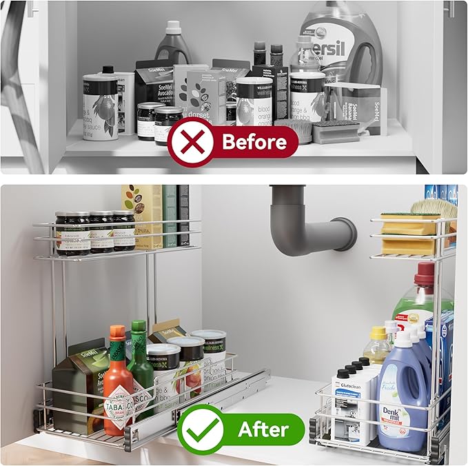 Under Sink Organizer 9"W X17"D, Pull Out Cabinet Organizer 2 Tier, Under Sink Slide Out Chrome Plated, Under Kitchen Bathroom Sink Organizer, Pantry Cabinet Closet Organization Rack, 2 Pack-NeatNest