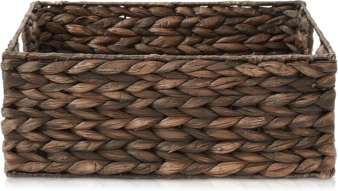 Casafield Set of 4 Water Hyacinth Pantry Baskets, 10" x 13" x 5", with Chalkboard Labels and Chalk Marker - Espresso, Woven Storage Bin Organizers for Kitchen Shelves-NeatNest