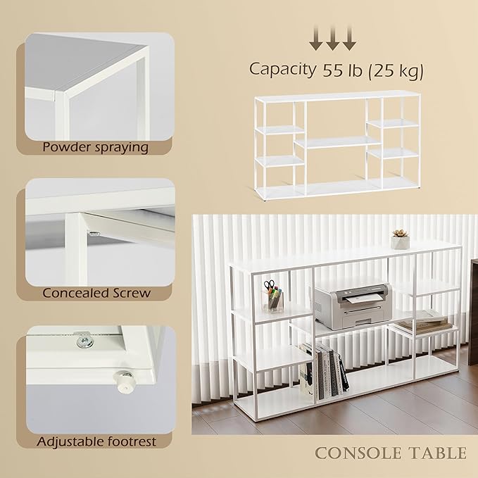 55 Inch Metal Console Table with 8 Storage Shelves,Extra Long Entryway Table,Narrow Sofa Table,Hallway Table for Entrances to Corridor, Foyer,Living Room (White, 55.12×11.81×31.5in)-NeatNest
