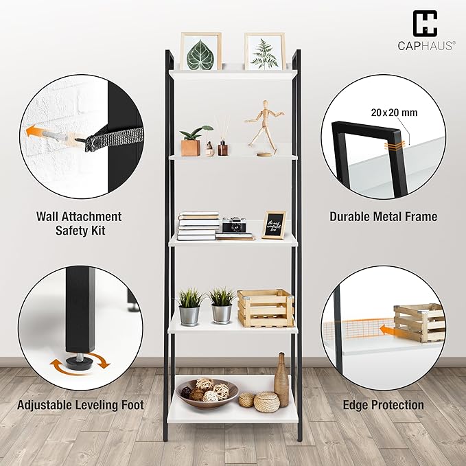 CAPHAUS 5 Tier Ladder Bookshelf, 24 Inch Width Free Standing Shelf, Bookcase Shelf Storage Rack Organizer, Industrial Book Shelves for Home Office, Living Room, Kitchen, White, Vintage Shelves-NeatNest