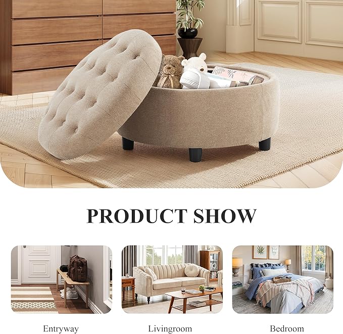 COLAMY Fabric Round Storage Ottoman with Reversible Tray Lid – Multi-Functional Footrest, Hidden Storage, Sturdy & Stylish Small Coffee Table for Living Room, Bedroom, or Entryway(Camel)-NeatNest