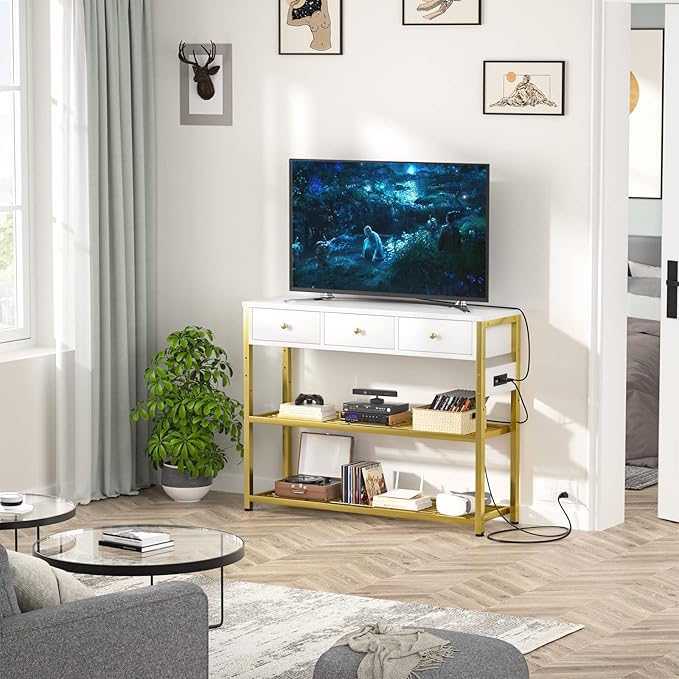 Ecoprsio 47'' Entryway Table with Outlets and USB Ports, Console Table with 3 Drawers, Sofa Table Narrow Long with Storage Shelves for Living Room, Couch, Hallway, Foyer, White and Golden-NeatNest