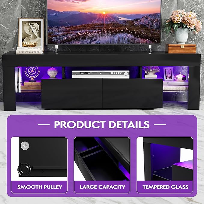 JUMMICO TV Stand, Modern Lighting TV Cabinet Entertainment Center Media and Open Shelf, TV Console Table with 1 Drawer and Remote Control, 20 Color LED Lights up to 70 Inch TV (Black)-NeatNest
