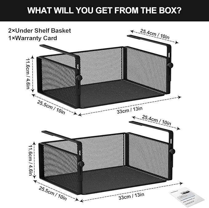 2Pack Under Shelf Basket Organizer,Adjustable Hanging Holder for Cabinet Pantry Kitchen Cupboard Desk Counter Bookshelf Organization Add-on Space Saver Heavy Duty Slide-in (Black, Large)