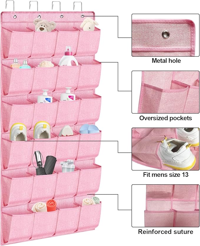 Pink Shoe Organizer Over the Door for Girls Women Kids Room,Hanging Shoe Rack Organizer for Closet Door,Zapateras Storage Holder with 24 Large Pockets & 4 Sturdy Hooks for Shoes,Slippers-NeatNest