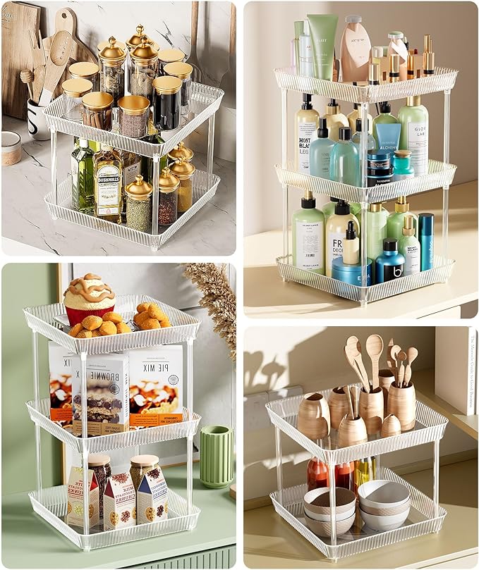 2 Tier Lazy Susan Bathroom Countertop Organizer, 360° Clear Rotating Square Storage Tray, Cosmetics and Perfume Organizer, Spinning Storage Tray Vanity Organizer Shelf for Bathroom Cabinet, Kitchen-NeatNest