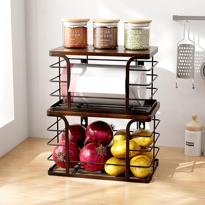 2 Pack Extra Large Pantry Baskets with Bamboo Top,Stainless Steel Trash Bag Dispenser for Kitchen Sink and Laundry Room Organization,Brown-NeatNest