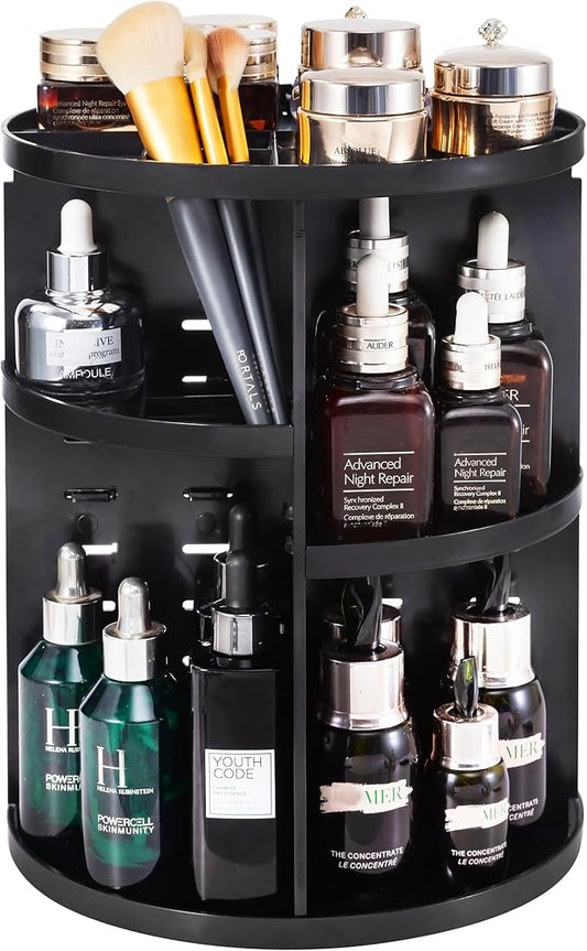 360 Rotating Makeup Organizer,DIY Adjustable Spinning Holder,Foldable Cosmetic Storage Display box,Large Capacity Make up Caddy Shelf,Fits Countertop Vanity and Bathroom (BLACK)-NeatNest