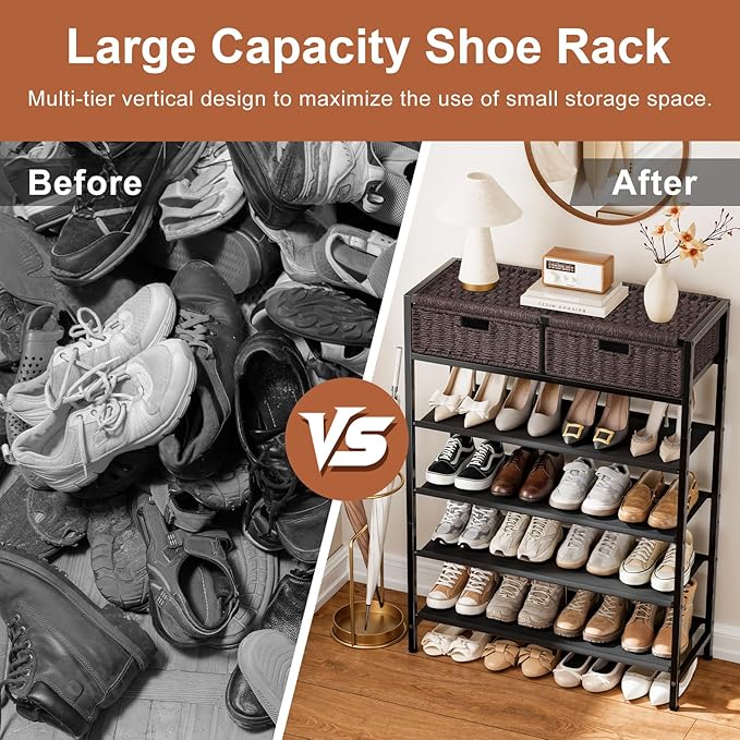 Shoe Rack, 5 Tier Shoe Storage Organizer with 2 Hand Woven Drawers, Metal Shoe Shelf for 16-20 Pairs of Shoes, with 4 Fabric Shelves and Woven Top, Shoe Stand for Closet Entryway, Dark Brown-NeatNest